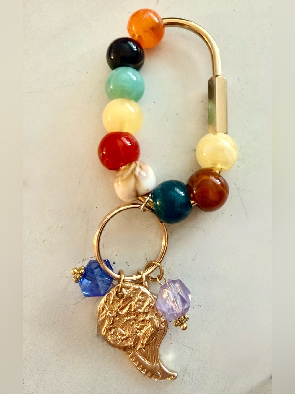 Gold Multi-Bead Keychain Bag Charm with Blue & Lavender Crystals